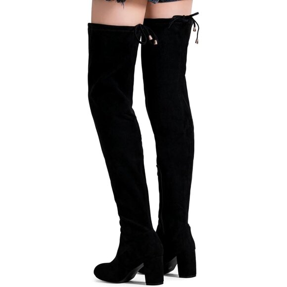 Women's Black Inner Zipper Thigh High Over The Knee High Square Heel Boots - Picture 6 of 8